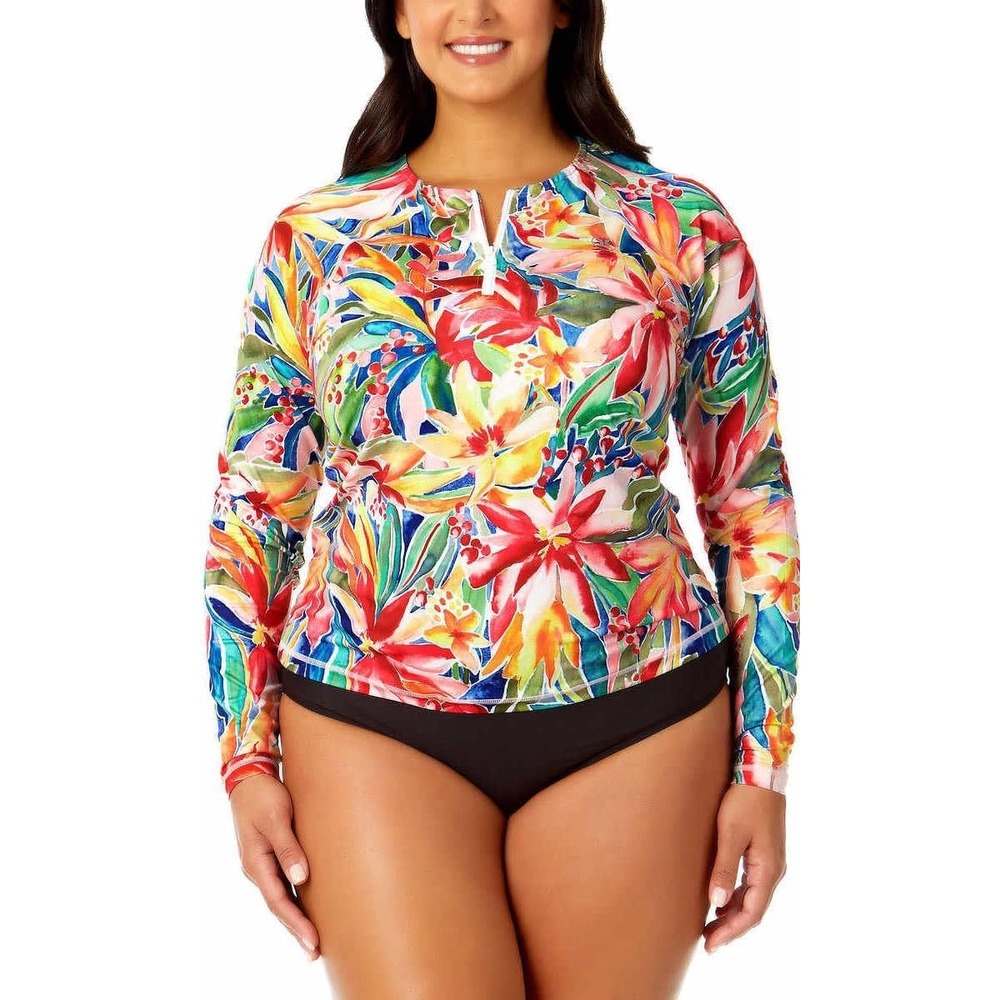 Hurley Womens XXL Tropical Floral Long Sleeve Rash Guard UPF 50+ Quarter Zip Top